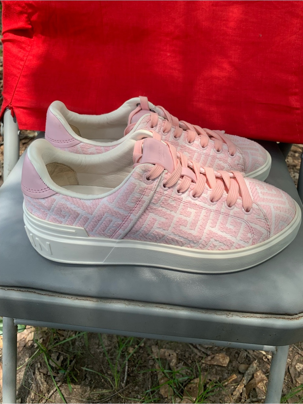 Balmain Pink and White Low-Top Logo-Embossed Sneakers
